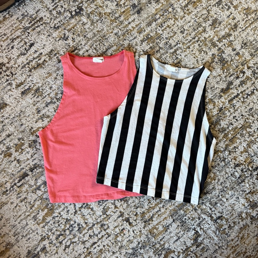 Garage Coral Pink & Black and White Striped Crop Tanks